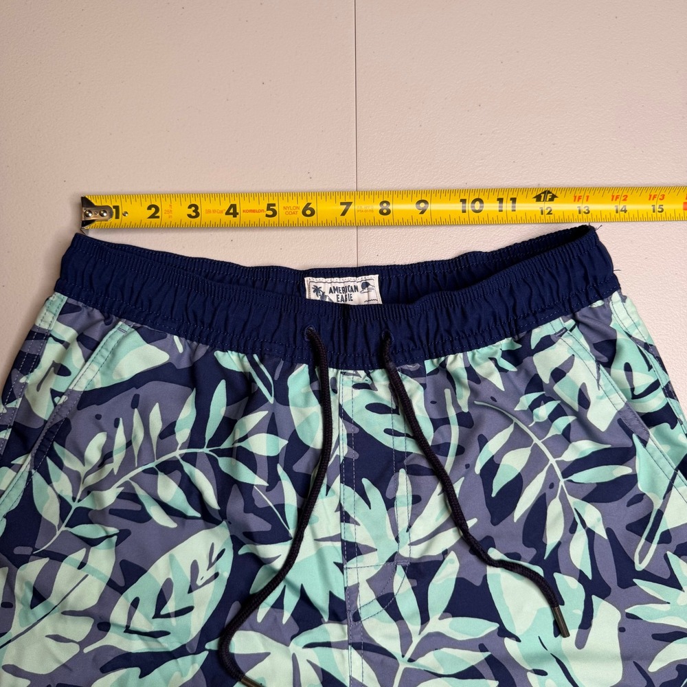 American Eagle Mens XS Tropical Leaf Swim Trunks Navy Teal 5 Inch Inseam Shorts - Picture 4 of 12
